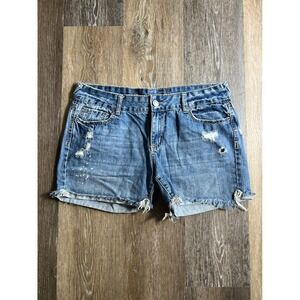 Wet Seal Denim Shorts Womens 13/14 Blue Distressed Low Rise Raw Hem Splatter